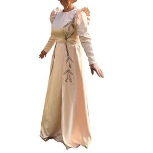 Vintage Blush Satin Beaded Gown Boned Bodice Handmade Formal Dress Women‎ Lined